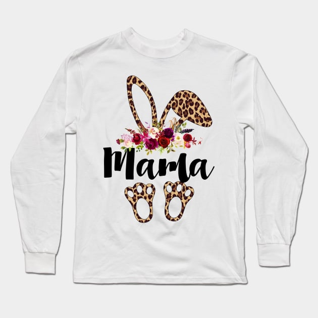 Mama Bunny Leopard Print Floral Matching Family Easter Mom Shirt Long Sleeve T-Shirt by WoowyStore